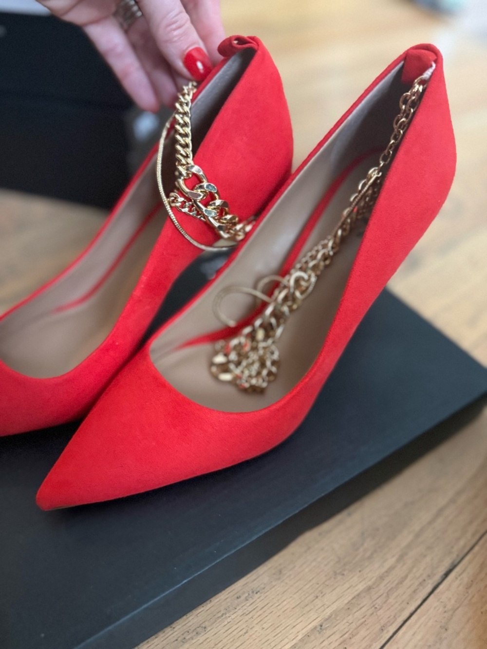 INC International Concepts Sadelle Red Suede Gold Chain D'Orsay Pointed Toe Heel